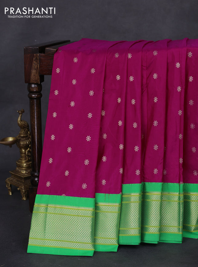 Pure paithani silk saree pink and green with allover zari woven floral buttas and paithani weaving pallu