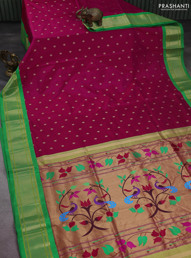 Pure paithani silk saree pink and green with allover zari woven floral buttas and paithani weaving pallu