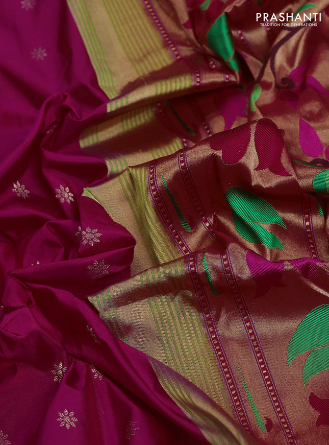 Pure paithani silk saree pink and green with allover zari woven floral buttas and paithani weaving pallu