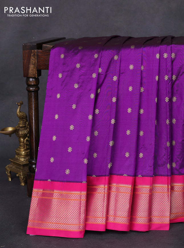 Pure paithani silk saree purple and pink with allover zari woven floral buttas and paithani weaving pallu
