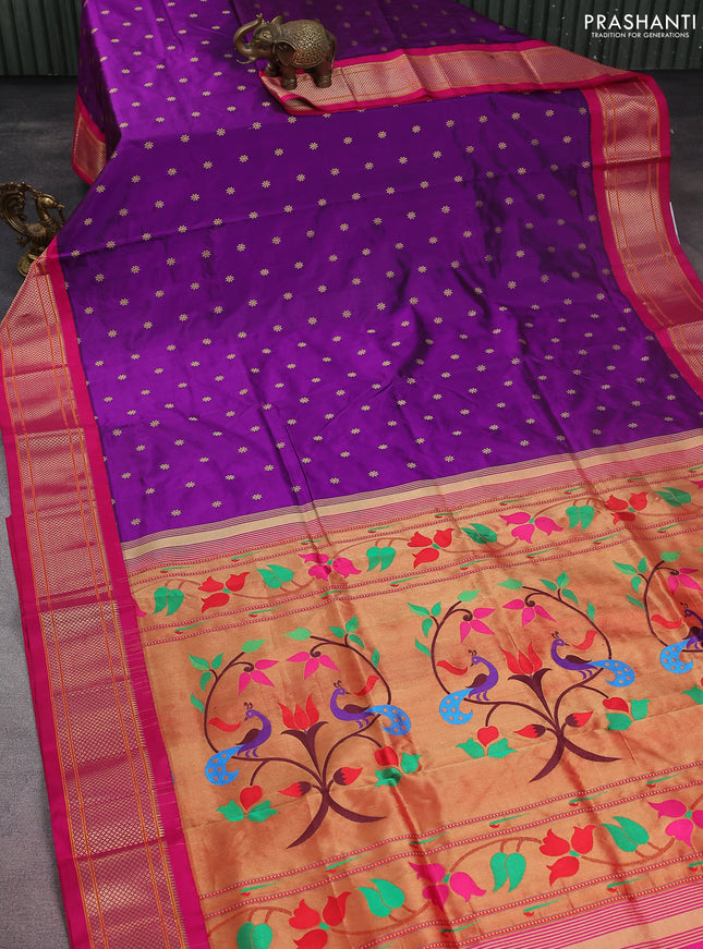 Pure paithani silk saree purple and pink with allover zari woven floral buttas and paithani weaving pallu