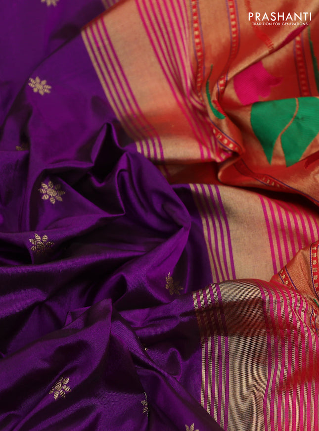 Pure paithani silk saree purple and pink with allover zari woven floral buttas and paithani weaving pallu