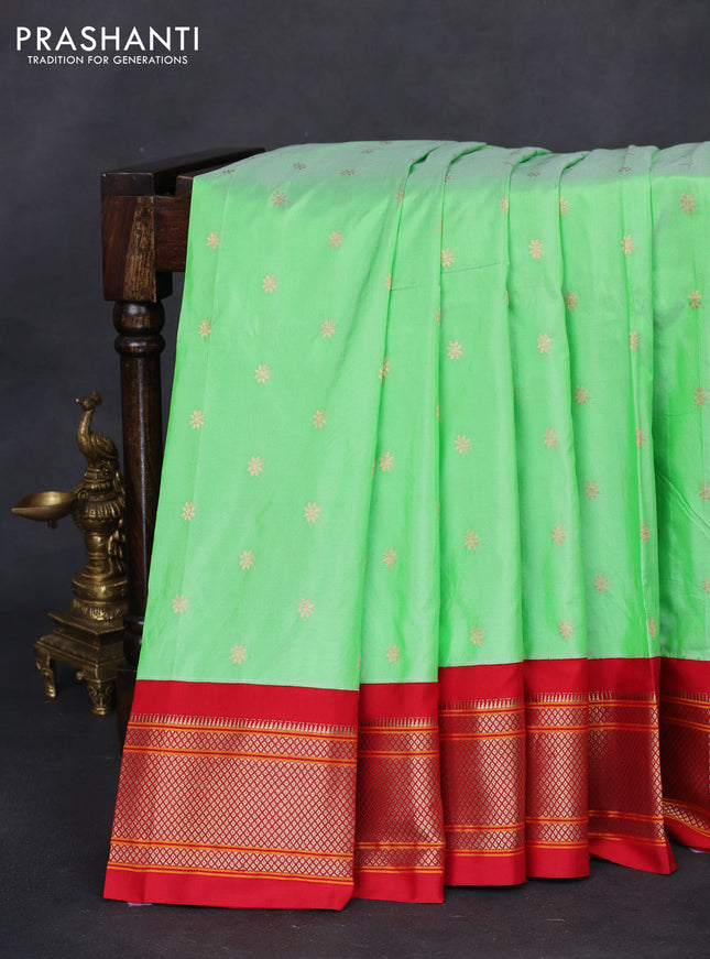 Pure paithani silk saree teal green shade and red with allover zari woven buttas and paithani weaving pallu