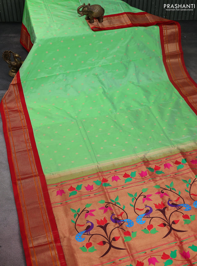 Pure paithani silk saree teal green shade and red with allover zari woven buttas and paithani weaving pallu