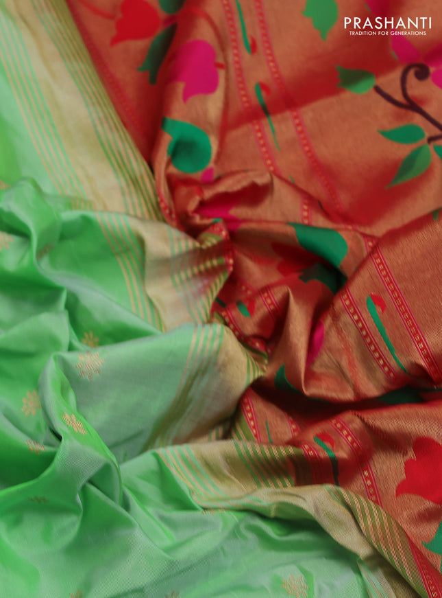 Pure paithani silk saree teal green shade and red with allover zari woven buttas and paithani weaving pallu