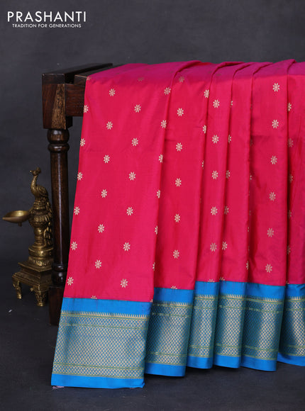 Pure paithani silk saree pink and blue with allover zari woven buttas and paithani weaving pallu