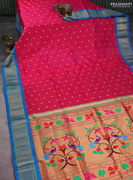Pure paithani silk saree pink and blue with allover zari woven buttas and paithani weaving pallu