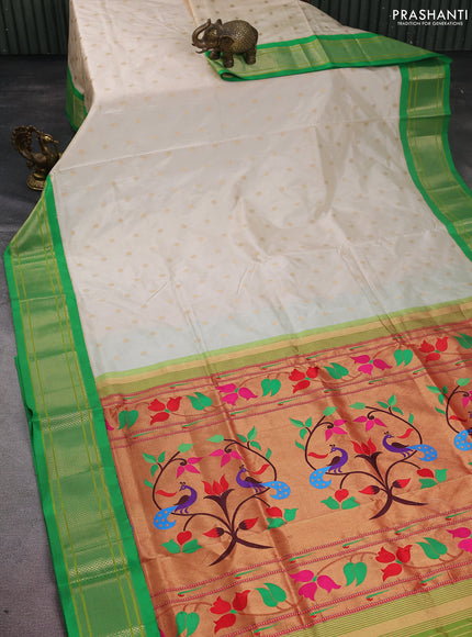 Pure paithani silk saree cream and green with allover zari woven buttas and paithani weaving pallu