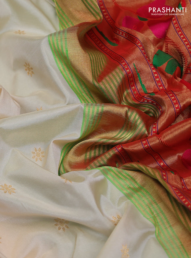 Pure paithani silk saree cream and green with allover zari woven buttas and paithani weaving pallu