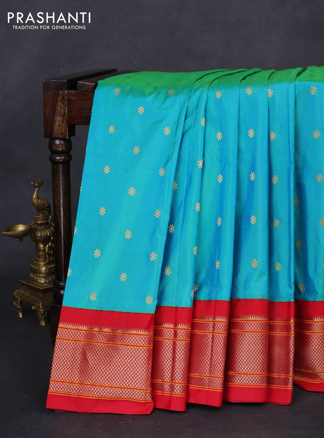 Pure paithani silk saree teal blue shade and red with allover zari woven floral buttas and paithani weaving pallu