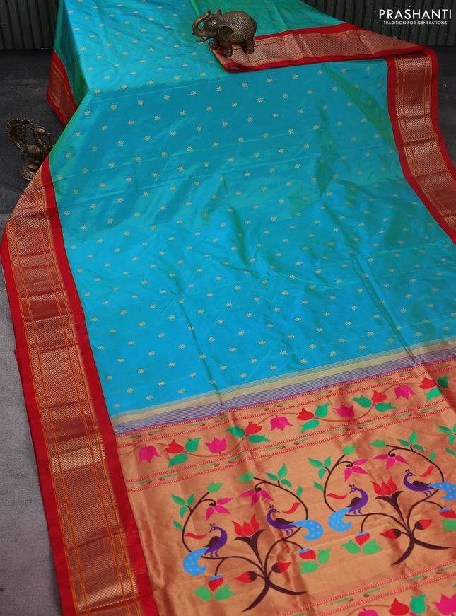 Pure paithani silk saree teal blue shade and red with allover zari woven floral buttas and paithani weaving pallu