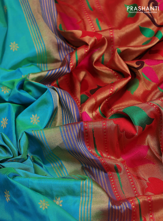 Pure paithani silk saree teal blue shade and red with allover zari woven floral buttas and paithani weaving pallu