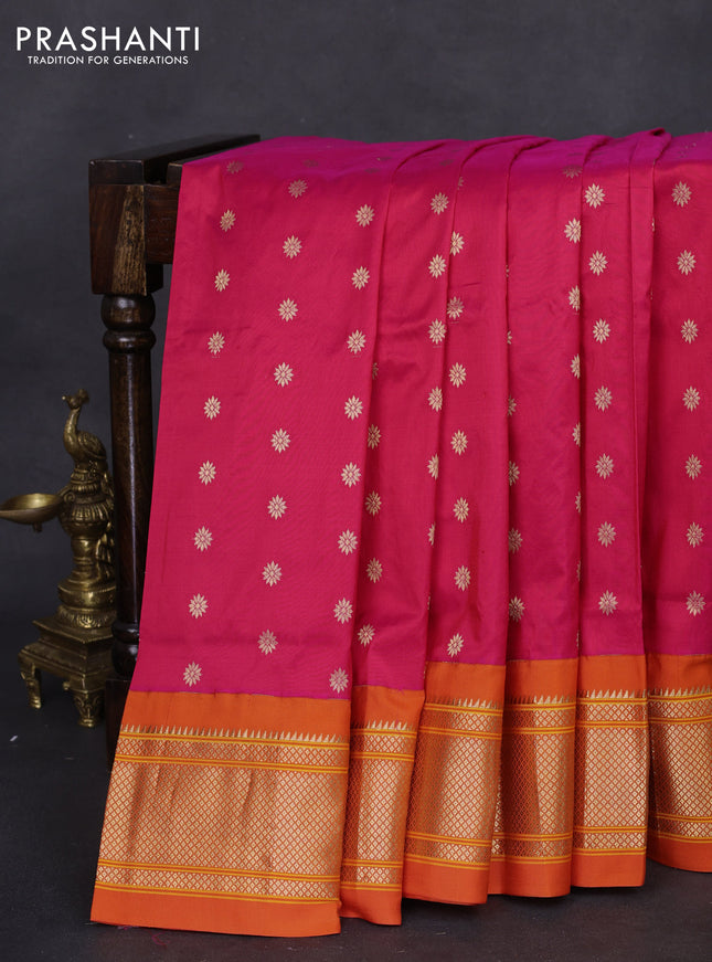 Pure paithani silk saree pink and orange with allover zari woven floral buttas and paithani weaving pallu