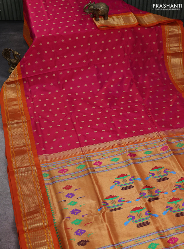 Pure paithani silk saree pink and orange with allover zari woven floral buttas and paithani weaving pallu