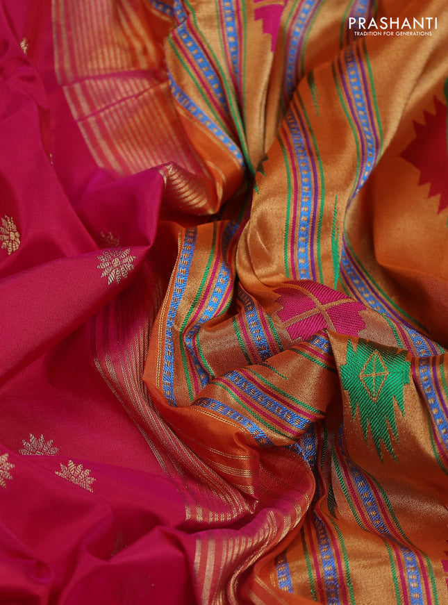 Pure paithani silk saree pink and orange with allover zari woven floral buttas and paithani weaving pallu