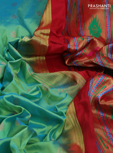 Pure paithani silk saree dual shade of teal green and red with allover zari woven floral buttas and paithani weaving pallu