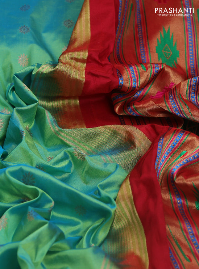 Pure paithani silk saree dual shade of teal green and red with allover zari woven floral buttas and paithani weaving pallu