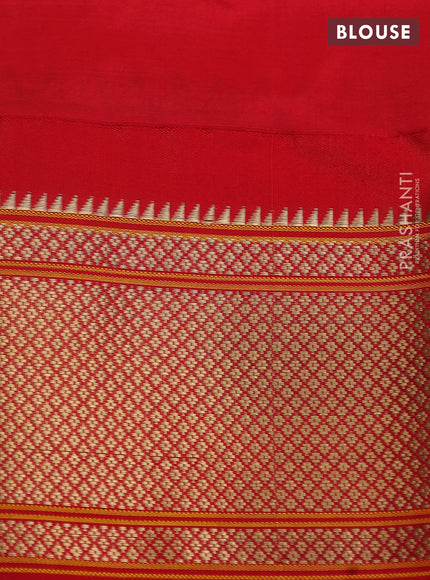 Pure paithani silk saree dual shade of teal green and red with allover zari woven floral buttas and paithani weaving pallu