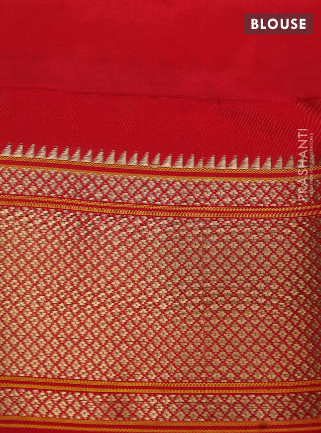 Pure paithani silk saree dual shade of teal green and red with allover zari woven floral buttas and paithani weaving pallu