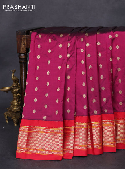 Pure paithani silk saree dark magenta pink and red with allover zari woven buttas and paithani weaving pallu