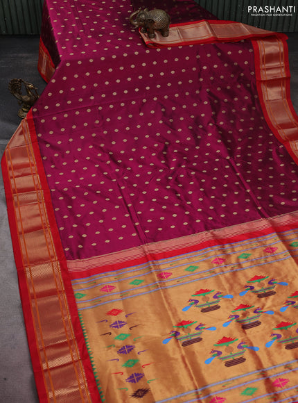 Pure paithani silk saree dark magenta pink and red with allover zari woven buttas and paithani weaving pallu