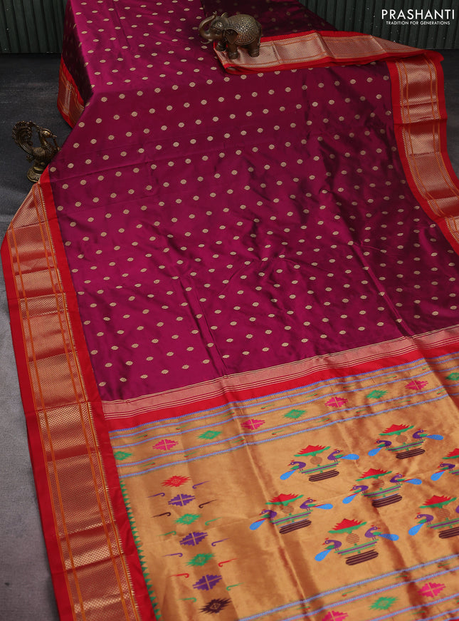 Pure paithani silk saree dark magenta pink and red with allover zari woven buttas and paithani weaving pallu