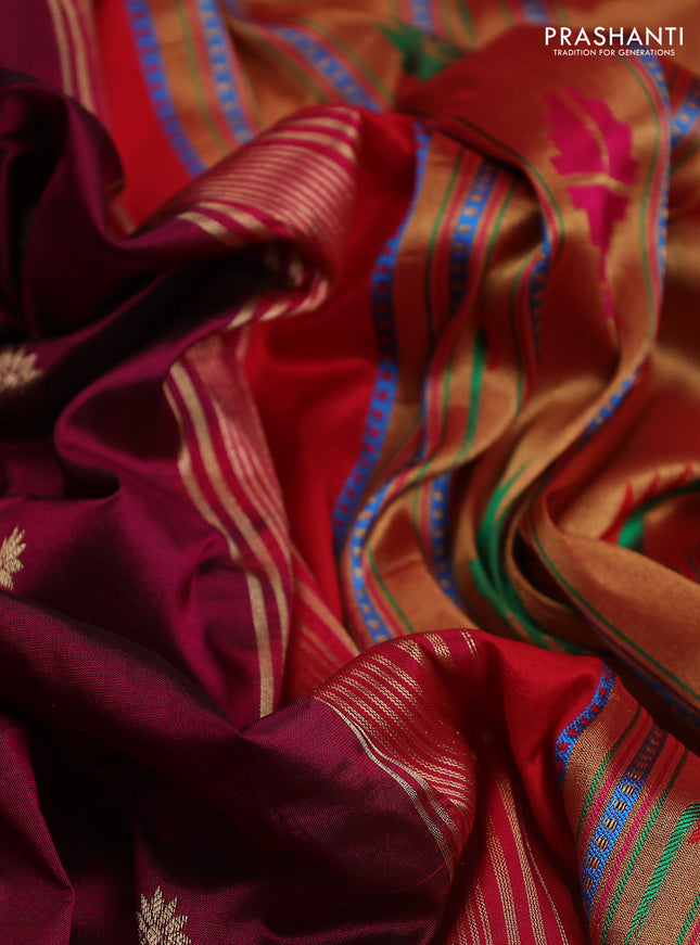 Pure paithani silk saree dark magenta pink and red with allover zari woven buttas and paithani weaving pallu