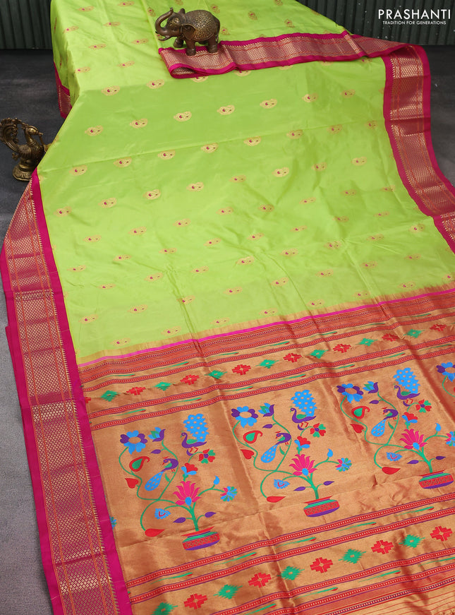 Pure paithani silk saree fluorescent green and pink with allover zari woven paisley buttas and paithani weaving pallu
