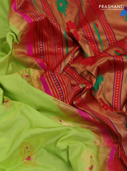 Pure paithani silk saree fluorescent green and pink with allover zari woven paisley buttas and paithani weaving pallu