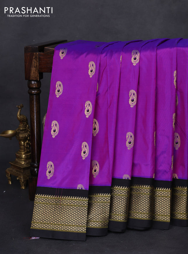 Pure paithani silk saree purple and black with allover zari woven paisley buttas and paithani weaving pallu