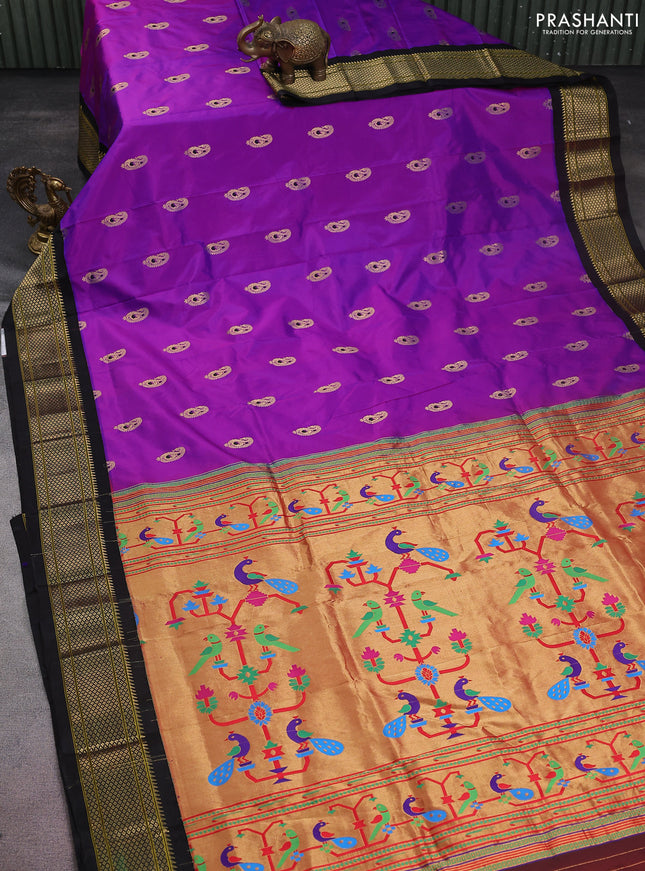 Pure paithani silk saree purple and black with allover zari woven paisley buttas and paithani weaving pallu