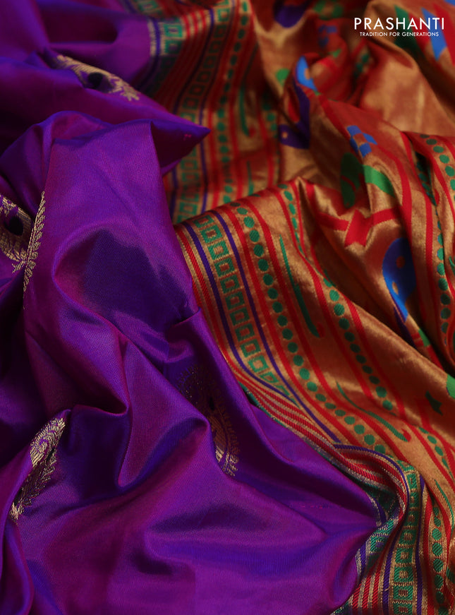 Pure paithani silk saree purple and black with allover zari woven paisley buttas and paithani weaving pallu