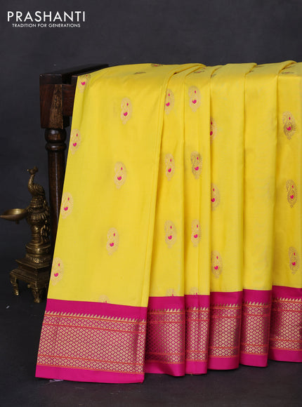 Pure paithani silk saree yellow and pink with allover zari woven paisley buttas and paithani weaving pallu
