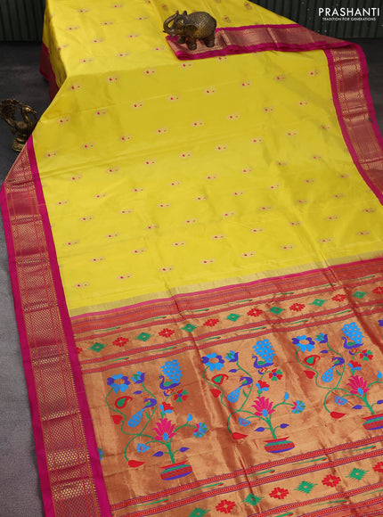 Pure paithani silk saree yellow and pink with allover zari woven paisley buttas and paithani weaving pallu