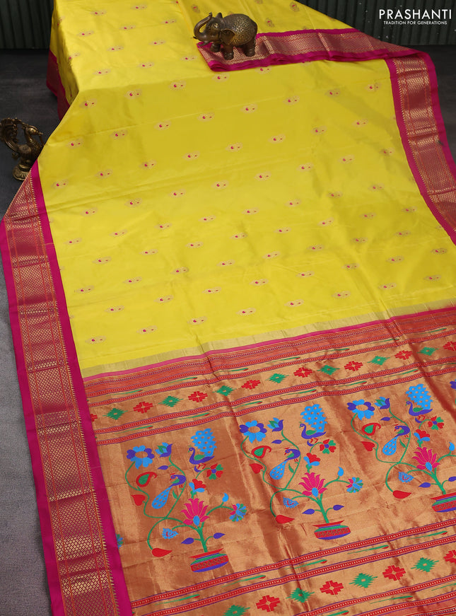 Pure paithani silk saree yellow and pink with allover zari woven paisley buttas and paithani weaving pallu