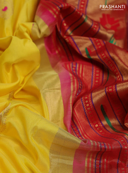 Pure paithani silk saree yellow and pink with allover zari woven paisley buttas and paithani weaving pallu