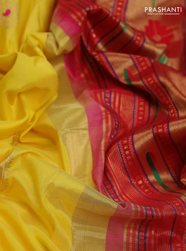 Pure paithani silk saree yellow and pink with allover zari woven paisley buttas and paithani weaving pallu
