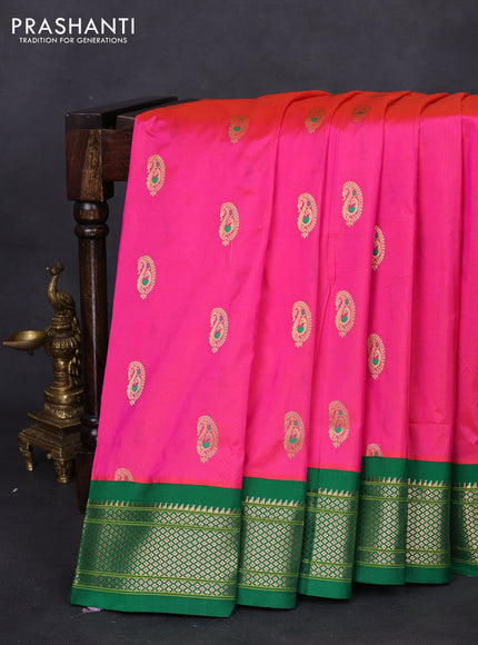 Pure paithani silk saree pink and green with allover zari woven paisley buttas and paithani weaving pallu