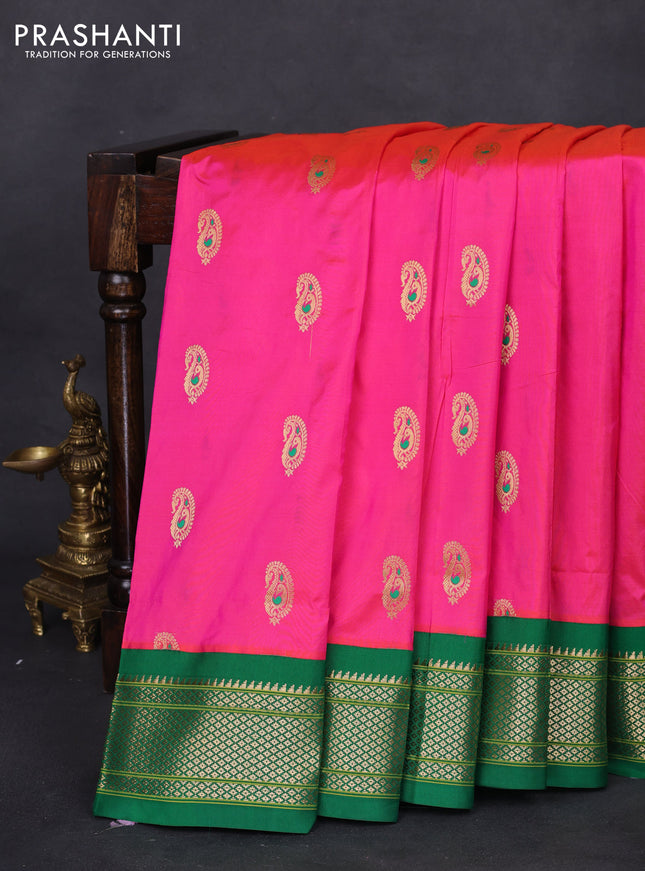 Pure paithani silk saree pink and green with allover zari woven paisley buttas and paithani weaving pallu