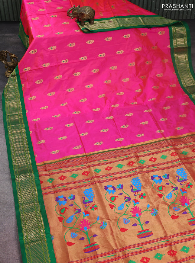 Pure paithani silk saree pink and green with allover zari woven paisley buttas and paithani weaving pallu