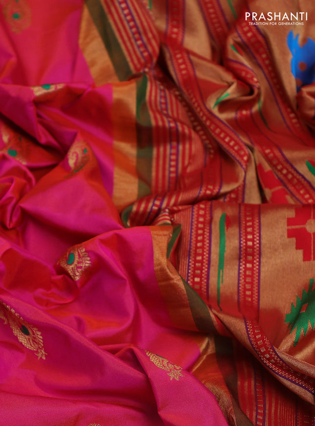 Pure paithani silk saree pink and green with allover zari woven paisley buttas and paithani weaving pallu