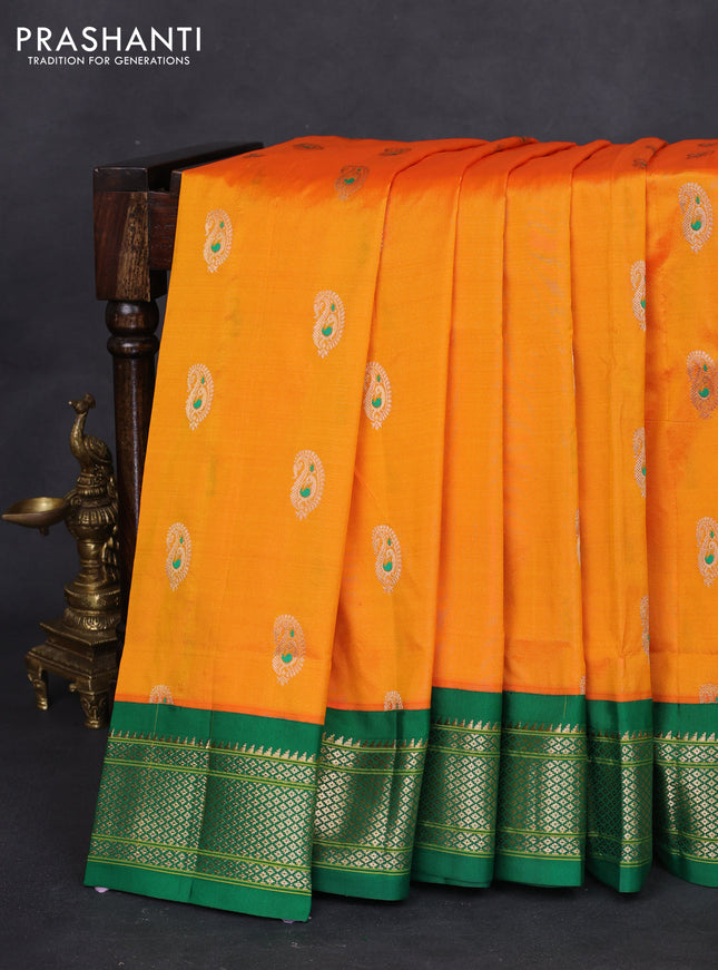 Pure paithani silk saree mango yellow and green with allover zari woven paisley buttas and paithani weaving pallu