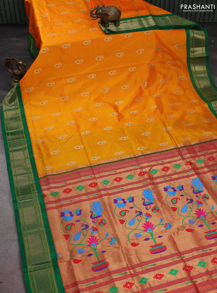 Pure paithani silk saree mango yellow and green with allover zari woven paisley buttas and paithani weaving pallu