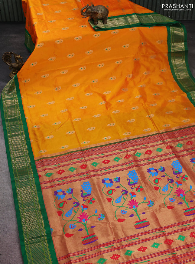 Pure paithani silk saree mango yellow and green with allover zari woven paisley buttas and paithani weaving pallu