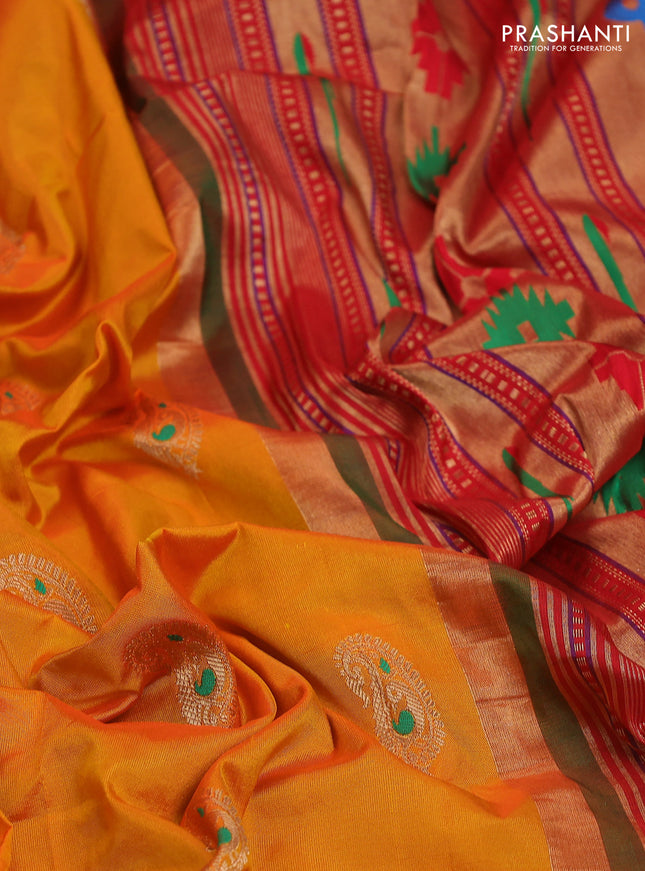 Pure paithani silk saree mango yellow and green with allover zari woven paisley buttas and paithani weaving pallu