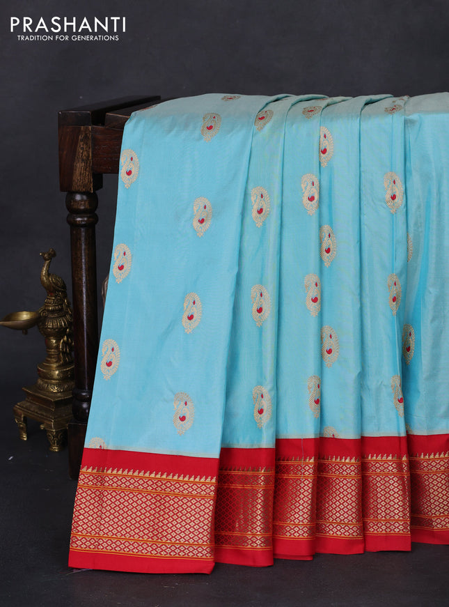 Pure paithani silk saree light blue and red with allover zari woven paisley buttas and paithani weaving pallu