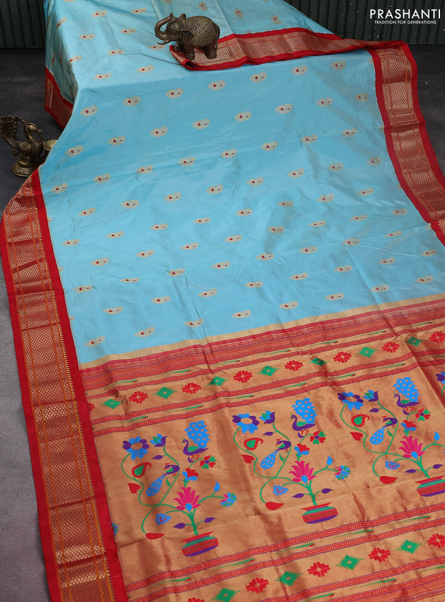 Pure paithani silk saree light blue and red with allover zari woven paisley buttas and paithani weaving pallu