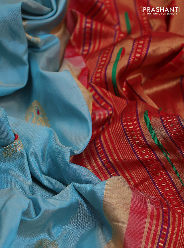Pure paithani silk saree light blue and red with allover zari woven paisley buttas and paithani weaving pallu
