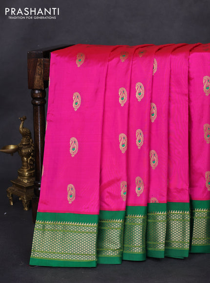Pure paithani silk saree pink and green with allover zari woven paisley buttas and paithani weaving pallu