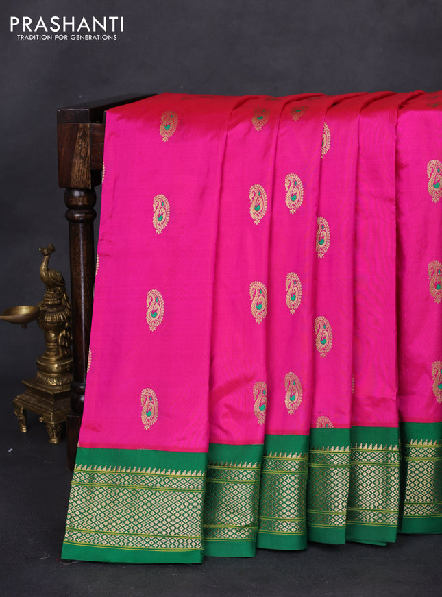 Pure paithani silk saree pink and green with allover zari woven paisley buttas and paithani weaving pallu